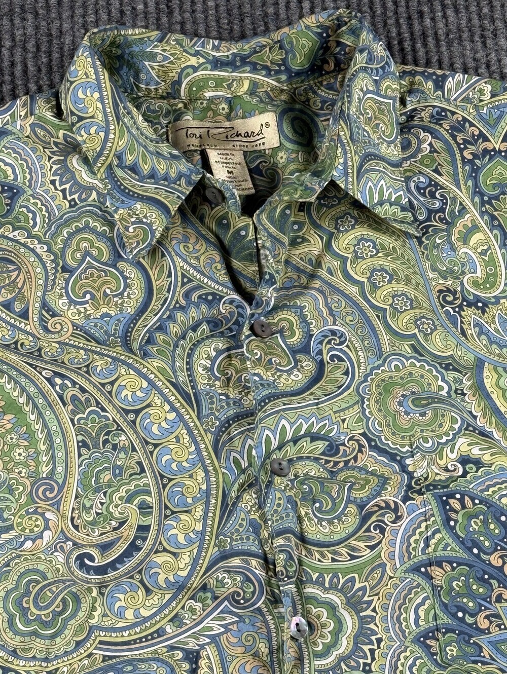 Vintage Tori Richard Button Up Mens M Green Blue Paisley Short Sleeve Summer